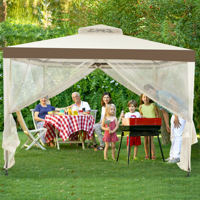 Double Tiered Canopy Gazebo - 10 x 10ft Garden Shelter Tent in Beige - Ideal for Outdoor Events and Gatherings