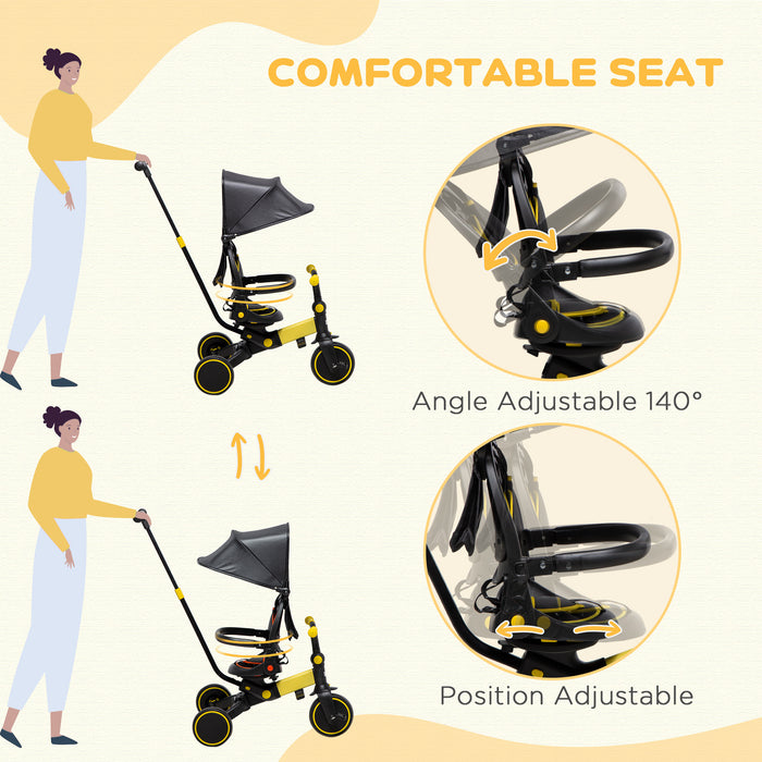Kids 3-in-1 Aluminum Tricycle - Adjustable Push Handle, Sun Canopy, Reclining Seat - Ideal for Toddlers 18 to 48 Months, Bright Yellow