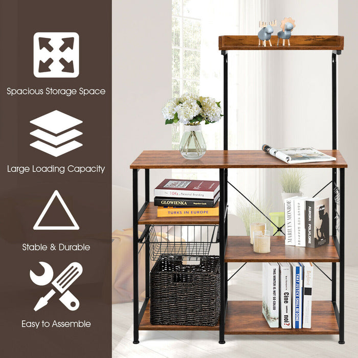Industrial Style 5-Tier Shelving Unit with Pull-Out Basket - Coffee Colored Storage Solution - Ideal for Home or Business Use