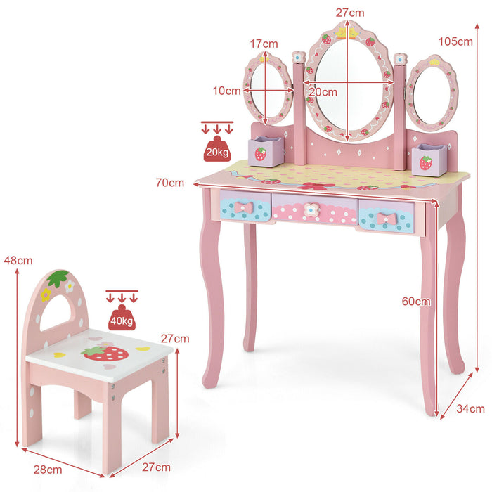 Kids Paradise - Dressing Table, Chair Set, Pink, 3 Mirrors, 3 Drawers - Perfect for Children's Room Setup