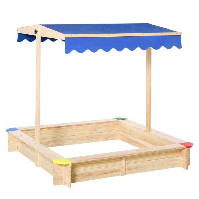 Children's Cabana Sandbox - Wooden Square Sandpit with Adjustable Canopy and Bench Seat - Outdoor Backyard Play Station for Kids Playtime Fun 120x120x120cm