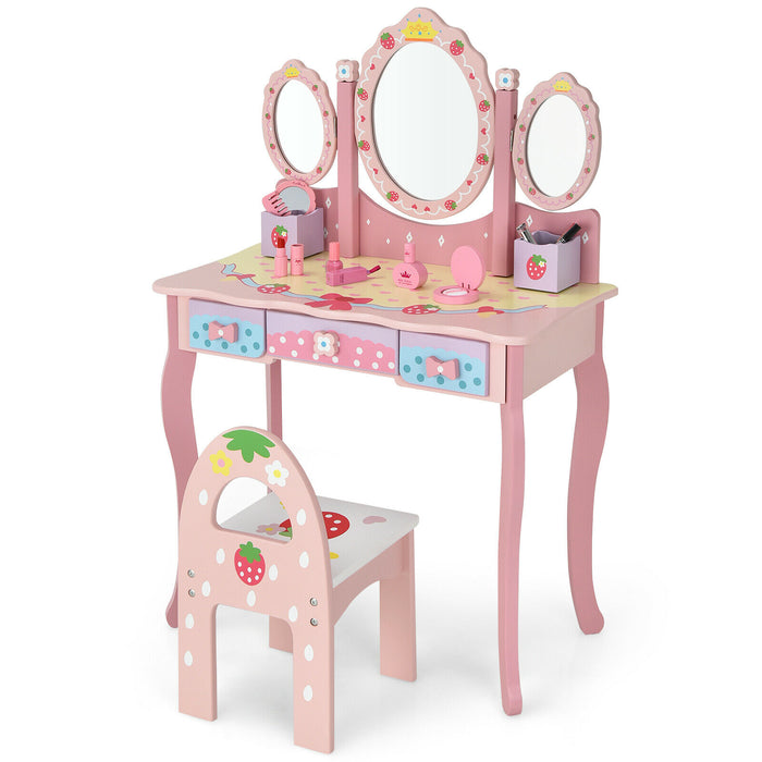 Kids Paradise - Dressing Table, Chair Set, Pink, 3 Mirrors, 3 Drawers - Perfect for Children's Room Setup
