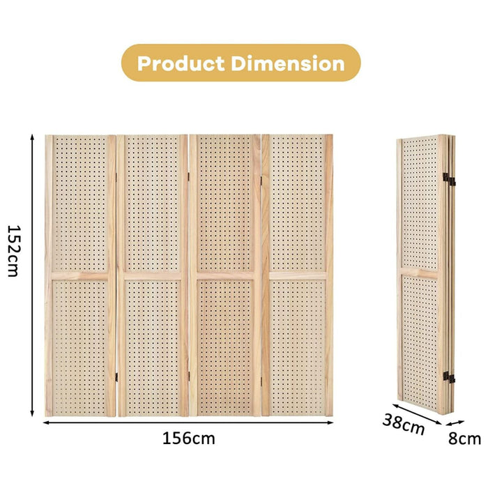 Wooden 4 Panel Folding Room Divider - With Pegboard Display for Customization - Ideal for Space Management and Displaying Items