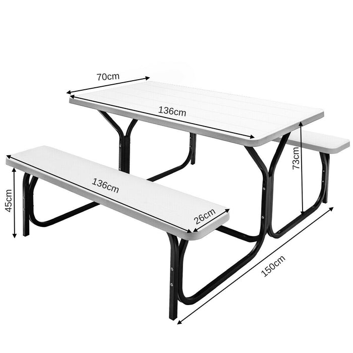 White Outdoor Picnic Bench Set - Metal Base with Wood, Perfect for Family Picnics and Gatherings - Ideal Solution for Patio or Backyard Seating Needs
