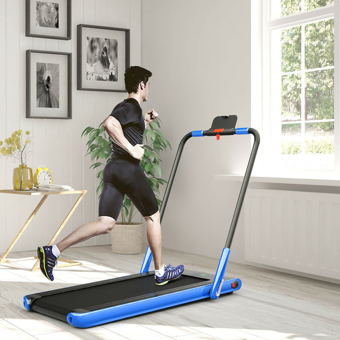 Blue Folding Treadmill with LED Display - Innovative Home Fitness Equipment with Bluetooth Speakers - Perfect Solution for Indoor Cardio Workouts and Music Enthusiasts