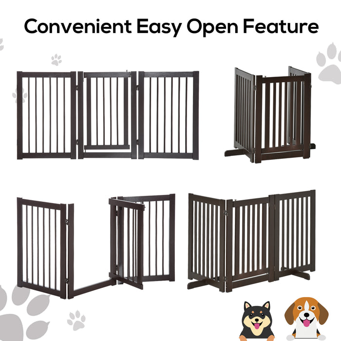 Freestanding Wooden Pet Gate with Latch - Dog Barrier for Stairs and Doorways, Foldable Safety Fence, Deep Brown, 155 x 76 cm - Ideal for Keeping Pets Secure and Safe in Home