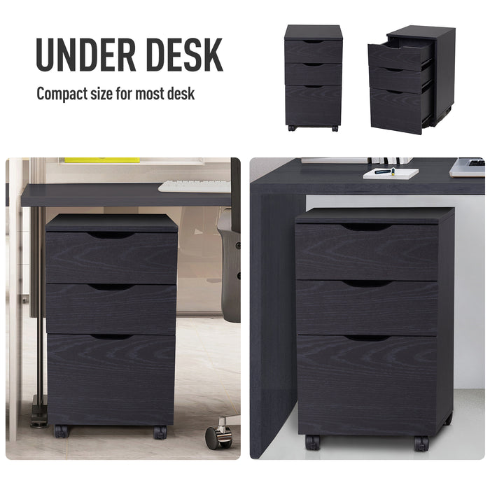 3-Drawer File Cabinet - Under Desk Storage for A4, Letter Documents, and Binders with Slide Wheels in Black Oak - Ideal for Office Organization