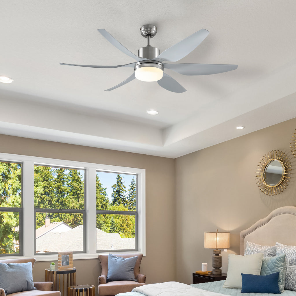 Modern Reversible 6-Blade Ceiling Fan with LED Light - Indoor Mounted Fan with Remote Control, Energy-Efficient Lighting - Perfect for Bedrooms and Living Rooms, Silver Finish