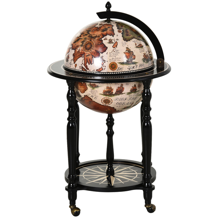 Elegant Globe-Shaped Drinks Cabinet with Wood Frame - Mobile Bar Cart with 3 Compartments, Bottom Shelf, and 4 Wheels - Sophisticated Safe Storage for Bottles and Glasses, Antique Brown and Beige Design