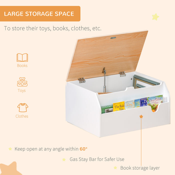 Kids Toy Storage Chest with Book Slot - Durable White Wooden Organizer with Safety Hinge for Playroom - Ideal for Children's Toys and Books