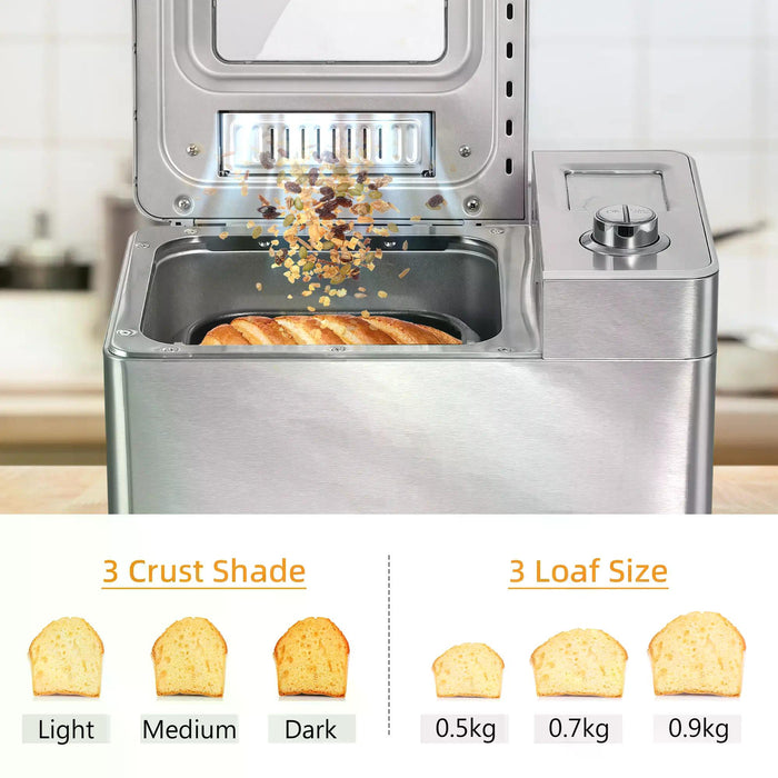 25 in 1 Programmable Bread Machine with 0.9 KG Capacity - Stainless Steel Dough Maker, Auto Fruit Nut Dispenser, Nonstick Pan - Ideal for Baking Custom Loaf Sizes, 550W Power