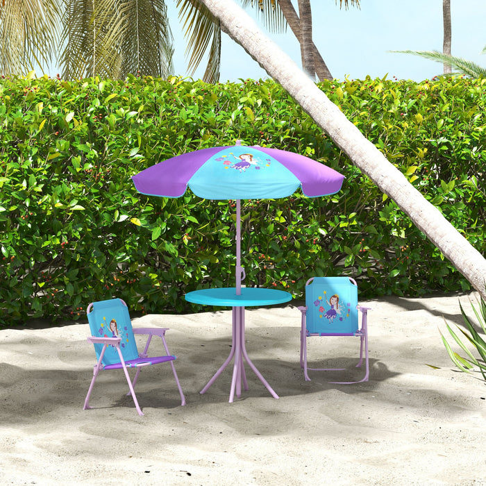 Kids Fairy-Themed Picnic Table Set - Foldable Chairs & Adjustable Parasol for Outdoor Use - Perfect Garden Furniture for Children's Parties and Playdates