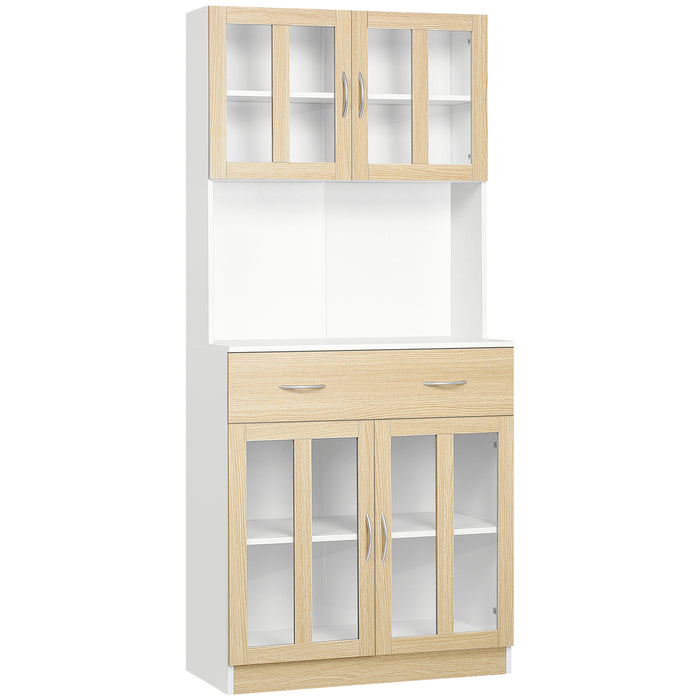 Kitchen Storage Organizer Hutch - Freestanding Cabinet with Central Drawer, Glass Doors & Countertop - Space-Saving Solution for Modern Kitchens, 180cm Tall