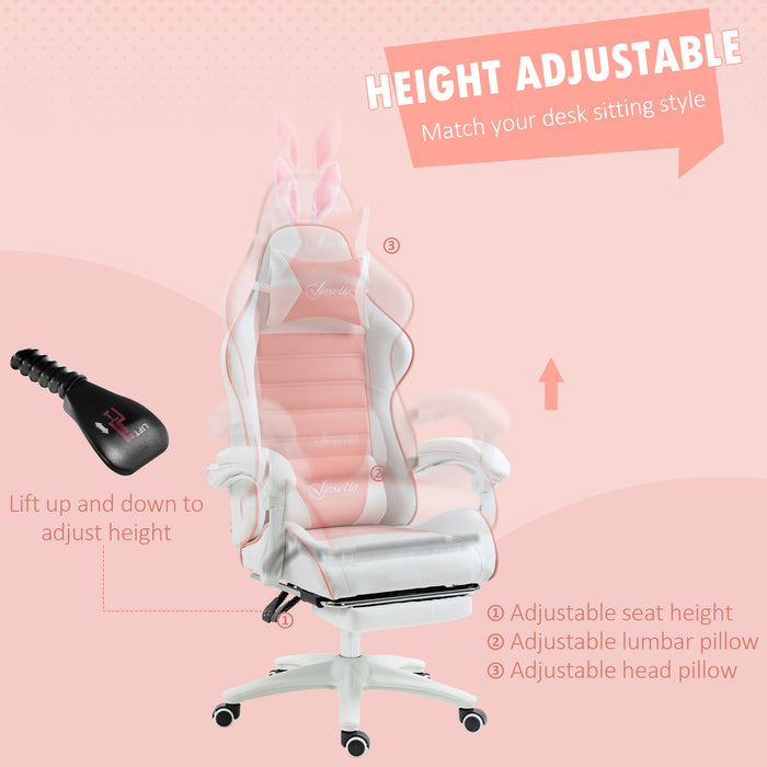 Racing-Style Gaming Chair with Removable Bunny Accents - Ergonomic PU Leather Recline, Headrest, Lumbar Support, and Extendable Footrest - Perfect for Gamers and Streamers with a Flair for Fun