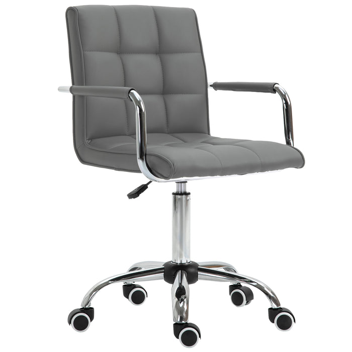 Ergonomic Mid-Back Swivel Chair in Grey PU Leather - Adjustable Height, Padded Armrests and Rolling Wheels - Ideal for Home Office and Computer Desks