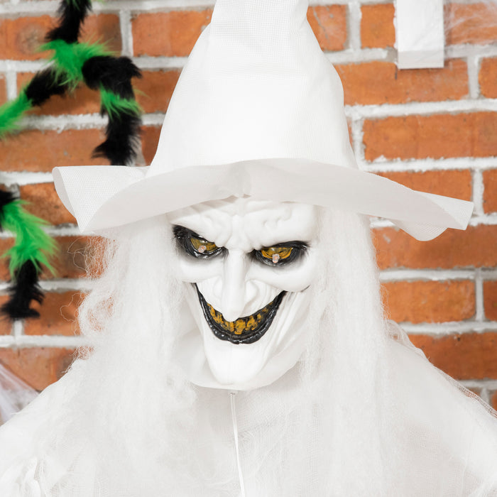 White Witch with Pumpkin Head - 72" Halloween Decoration, Light-Up Eyes, Motion-Activated Standing Skeleton Ghost Prop - Ideal for Haunted House and Seasonal Decor