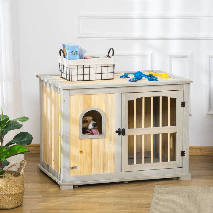 Wooden Dog Crate End Table - Lockable Door, Windowed Pet Sanctuary for Small/Medium Dogs, Dual-Tone Grey & Yellow - Stylish Pet-Friendly Furniture & Home Solution