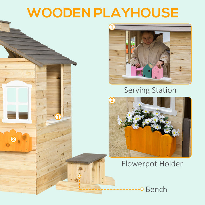 Outdoor Wooden Playhouse for Children - Working Door, Windows, Bench, Service Station, Flower Pot Holder - Ideal Garden Cottage for Kids Ages 3-7