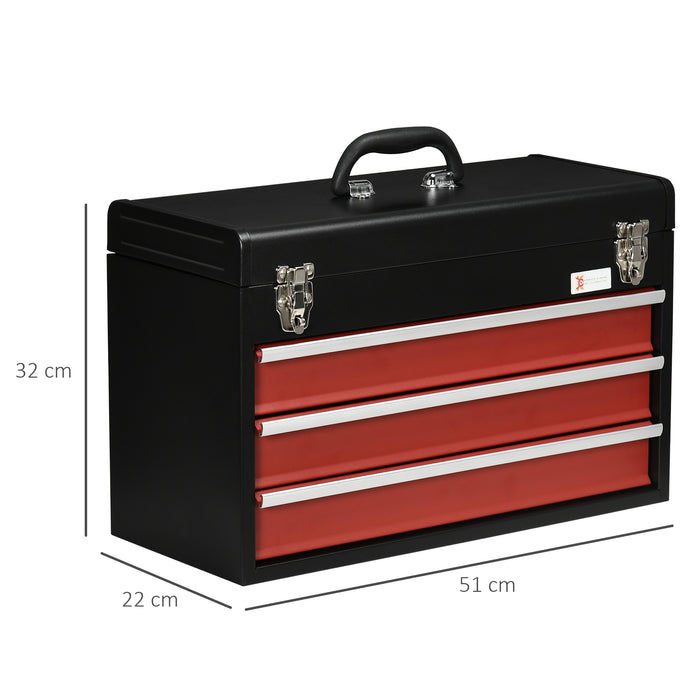 Lockable 3-Drawer Metal Tool Chest with Smooth Ball Bearing Runners - Heavy-Duty Portable Toolbox, 510x220x320mm - Ideal for Secure Tool Organization and Storage