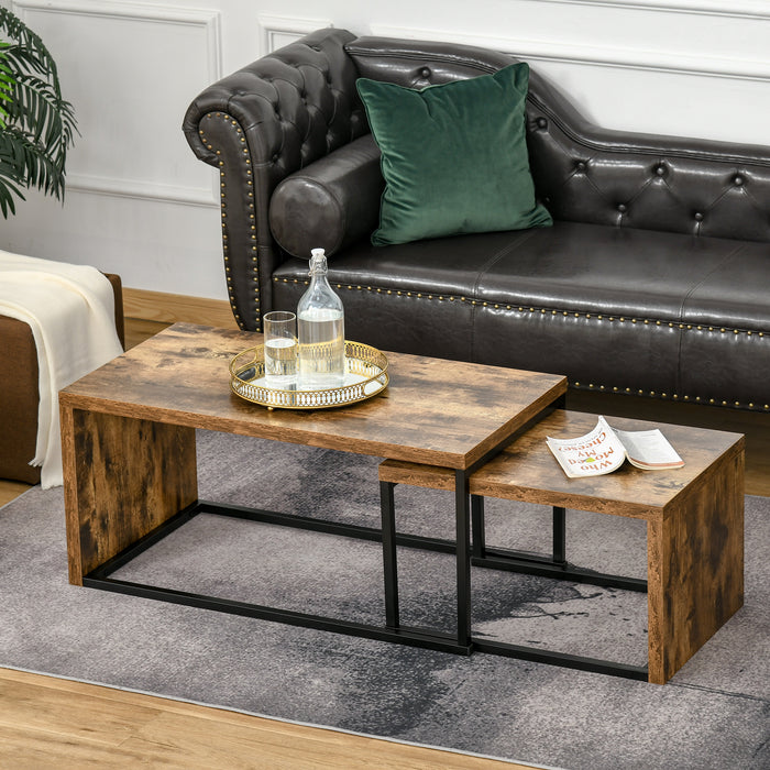 Industrial Style Coffee & Tea Table Set - 2-Piece Side Tables with Metal Frame for Home Decor - Perfect for Living Room and Bedroom, Black & Brown
