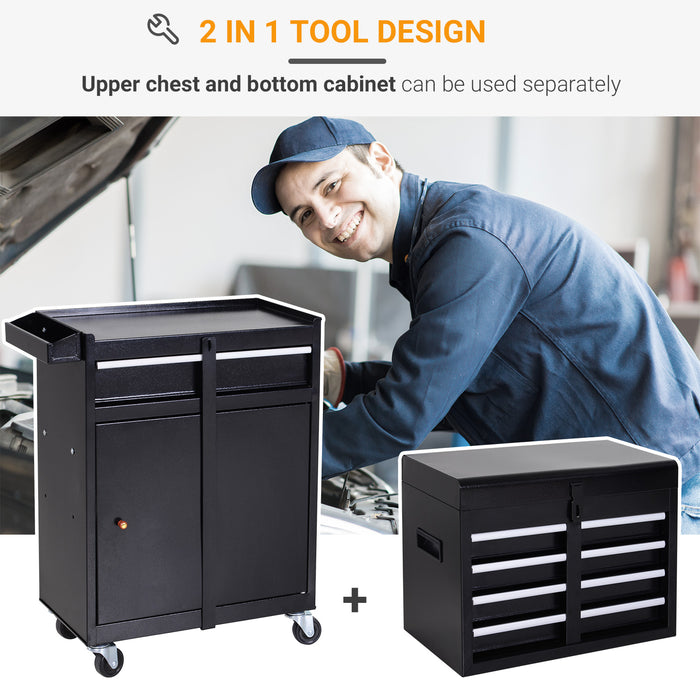 2-in-1 Metal Tool Chest Cabinet with Pegboard - 5 Drawers, Wheels, and Spacious Storage - Ideal for Workshop Organization and Mobility (60x28x104.5cm, Black)