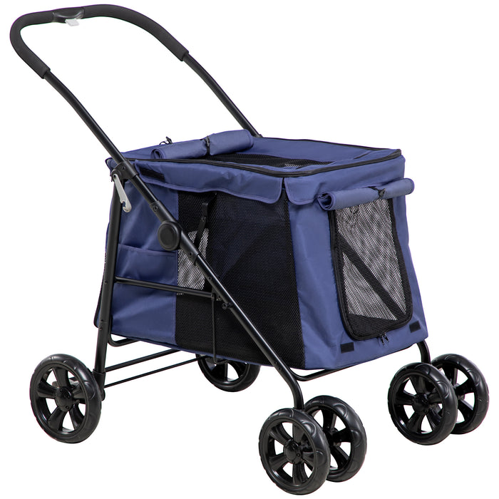 Foldable Dog Stroller with EVA Wheels and Storage - Mesh Windows, Safety Leash, and Cushion Design - Ideal for Small Pets' Comfortable Transport