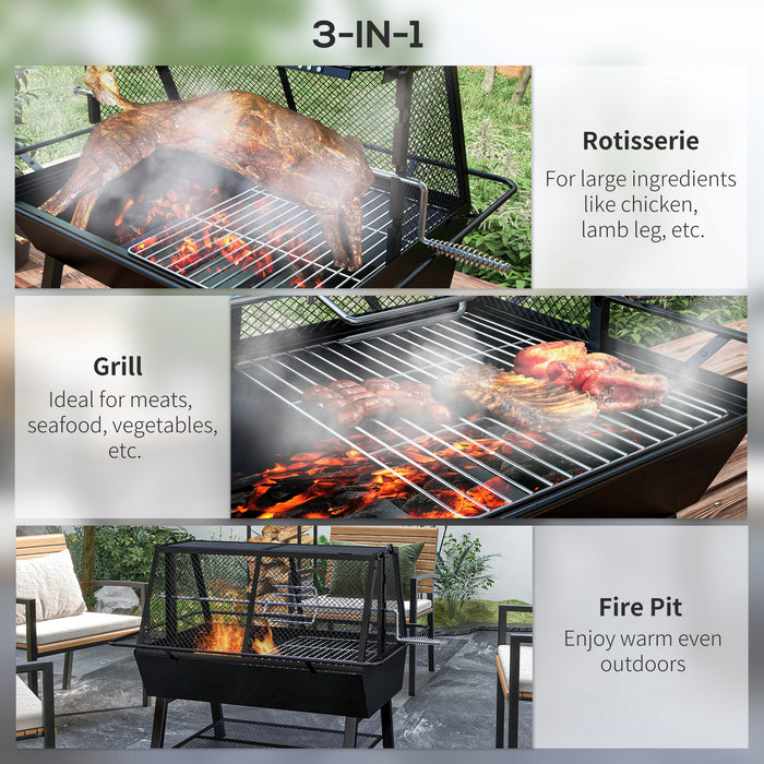 3-in-1 Charcoal Grill with Rotisserie and Fire Pit - Outdoor Cooking Station with Storage Shelf - Perfect for Grilling, Roasting & Campfires
