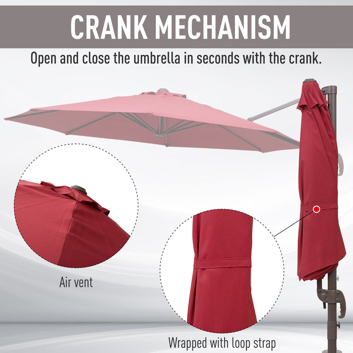3M Cantilever Umbrella with Aluminium Frame - Wine Red 360° Rotating Hanging Parasol with Cross Base - Ideal for Outdoor Shade and Sun Protection