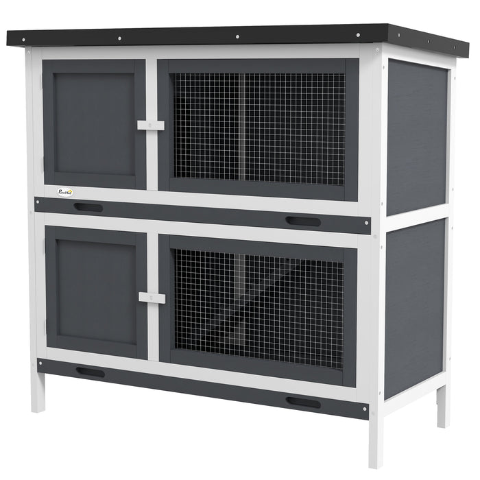 Double Decker Rabbit Hutch - 2-Tier Guinea Pig House with Sliding-Out Tray, 100x47x91cm, Grey - Ideal Outdoor Pet Cage for Small Animals