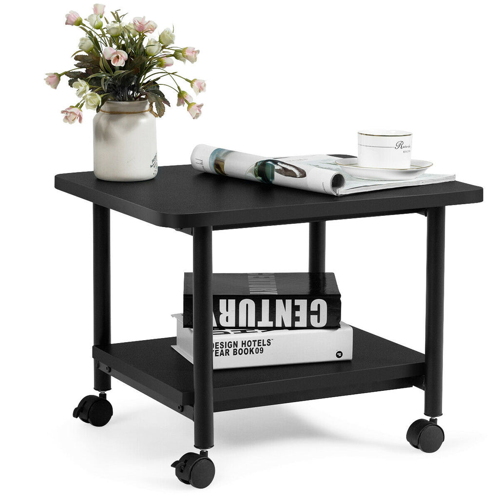 Wooden 2-Tier Printer Stand - Features 360° Swivel Casters in Sleek Black - Ideal for Organizing Office Equipment & Easy Movement