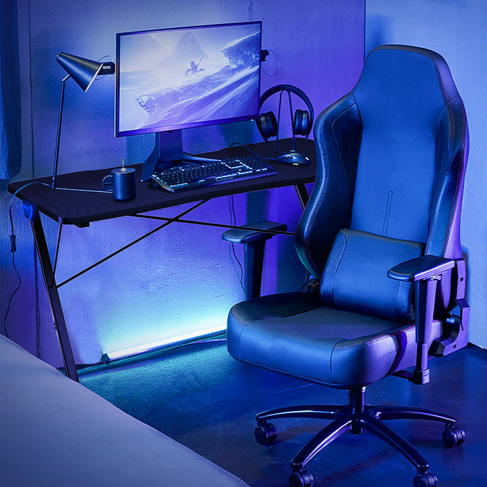Z-Shaped Ergonomic Desk - Gaming Table with Blue Lights - Designed for Comfort and Enhanced Gaming Experience