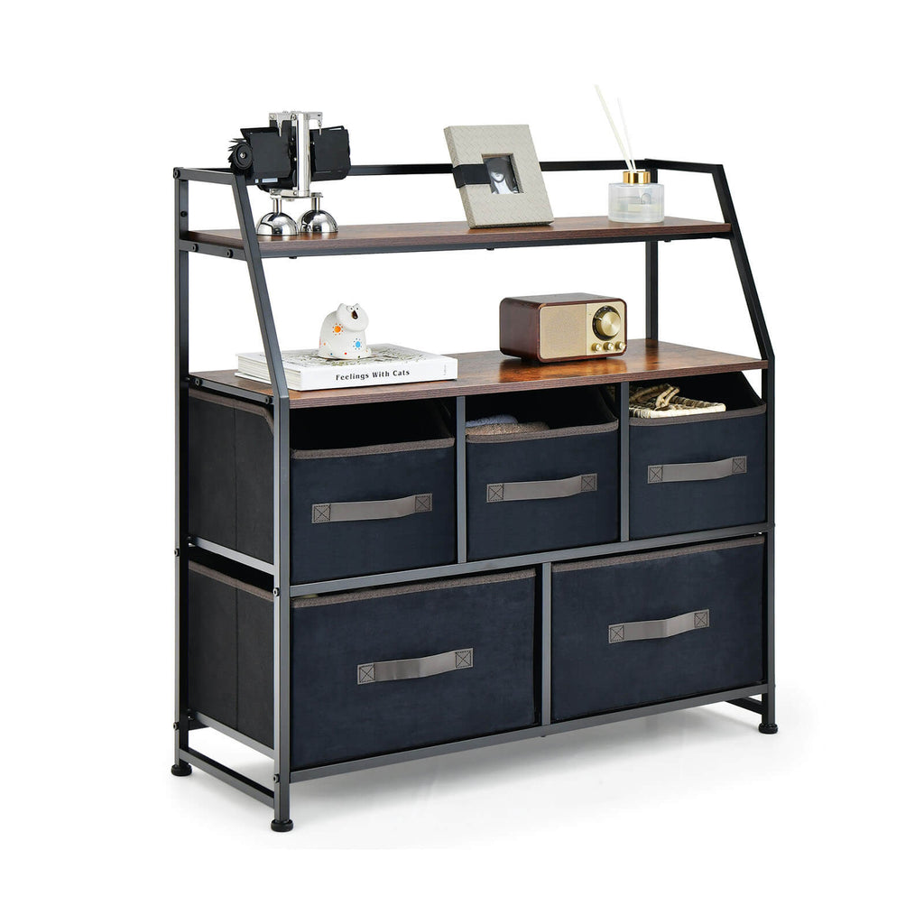 Metal Frame 5 Drawers Dresser - Brown Dresser with Anti-Toppling Devices - Perfect Home Storage Solution