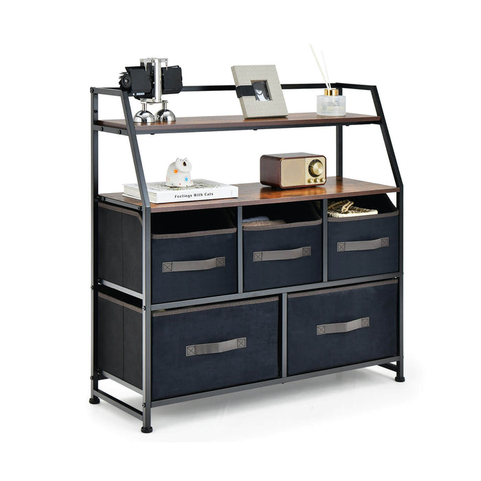 Metal Frame 5 Drawers Dresser - Brown Dresser with Anti-Toppling Devices - Perfect Home Storage Solution