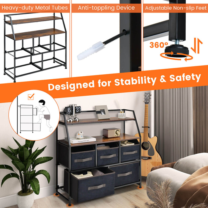 Metal Frame 5 Drawers Dresser - Brown Dresser with Anti-Toppling Devices - Perfect Home Storage Solution
