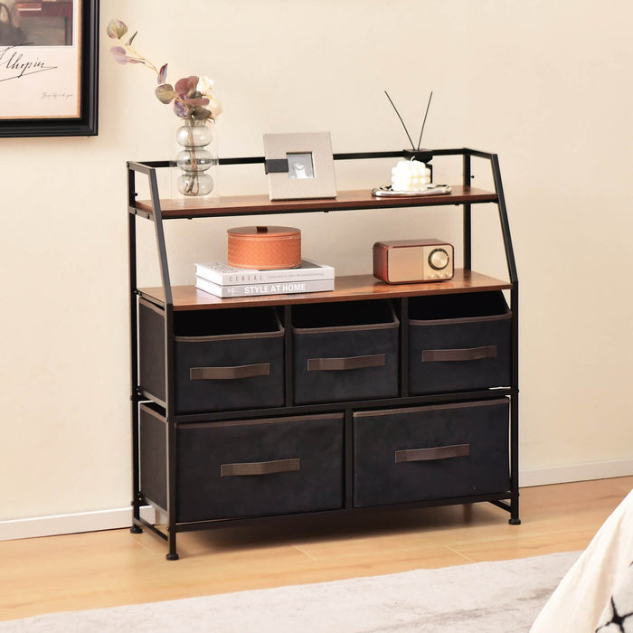 Metal Frame 5 Drawers Dresser - Brown Dresser with Anti-Toppling Devices - Perfect Home Storage Solution