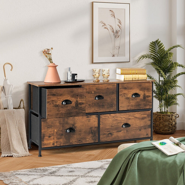 5-Drawer Multifunction Dresser - Rustic Brown with Foldable Drawers and Wooden Top - Ideal for Organizing and Storing Personal Items