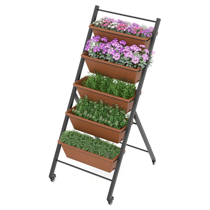Vertical Raised Garden Bed 5-Layer - With Wheels and Drainage Holes in Brown - Ideal for Easy Gardening and Space Saving