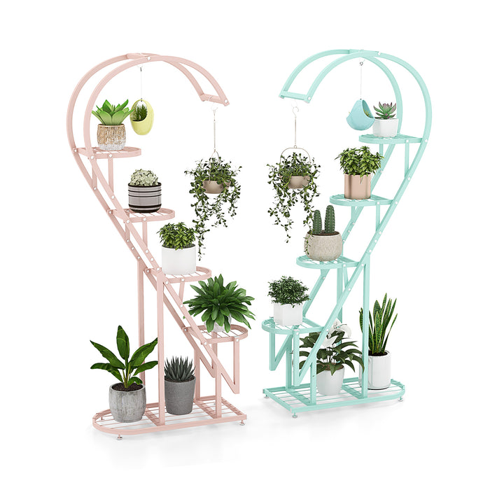 Metal Heart-shaped 5-Tier Plant Stand - Pink & Blue Stand with Hanging Hooks - Ideal for Displaying Plants and Decorations