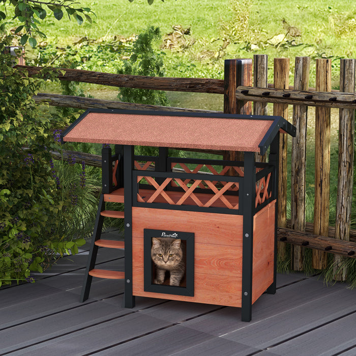Outdoor Wooden Cat Shelter with Balcony and Stairs - Weatherproof Roof, Spacious 77x50x73cm, in Elegant Brown - Ideal for Feline Outdoor Living and Protection