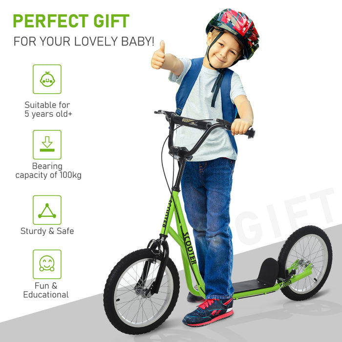 Kids Stunt Kick Scooter with Adjustable Handlebar - 16 Inch Rubber Tires, Dual Brakes, Green - Fun & Safe Ride for Children and Teens