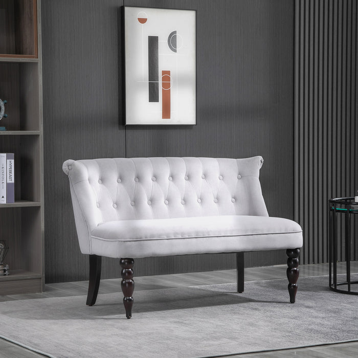 Vintage-Inspired Grey Loveseat - 2-Seat Sofa with Button Tufting and Carved Wood Legs - Elegant Couch for Compact Living Spaces