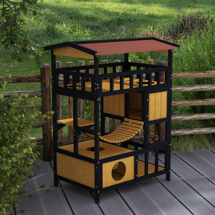 Four-Tier Wooden Outdoor Cat Shelter - Sturdy Feral Cat House with Suspension Bridge, Balcony, and Escape Doors - Perfect Haven for Outdoor or Stray Cats