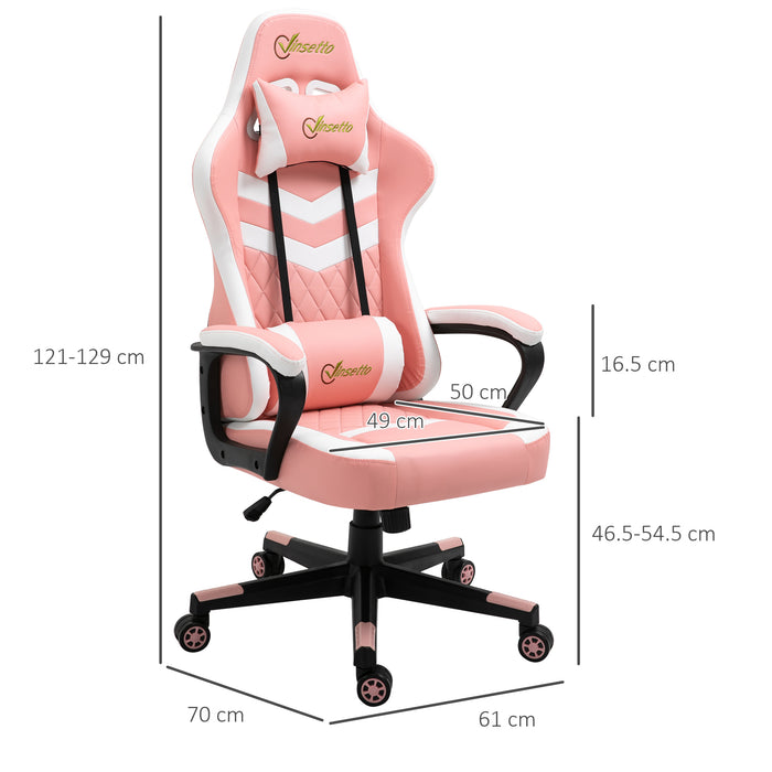 Ergonomic Racing Chair for Gamers - Lumbar Support, Adjustable Headrest, Swivel Wheels, PVC Leather - Comfortable Desk Seating for Home Office Use, Pink & White