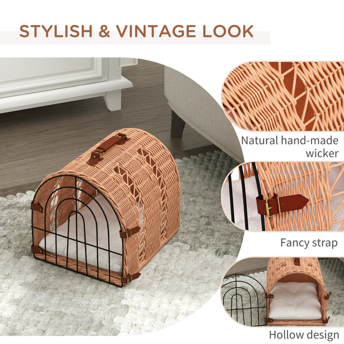 Wicker Cat Carrier Basket with Soft Cushion - Portable Kitten Bed and Pet Cave House, 37x28x29 cm in Orange - Ideal for Comfortable and Cozy Pet Travel & Napping