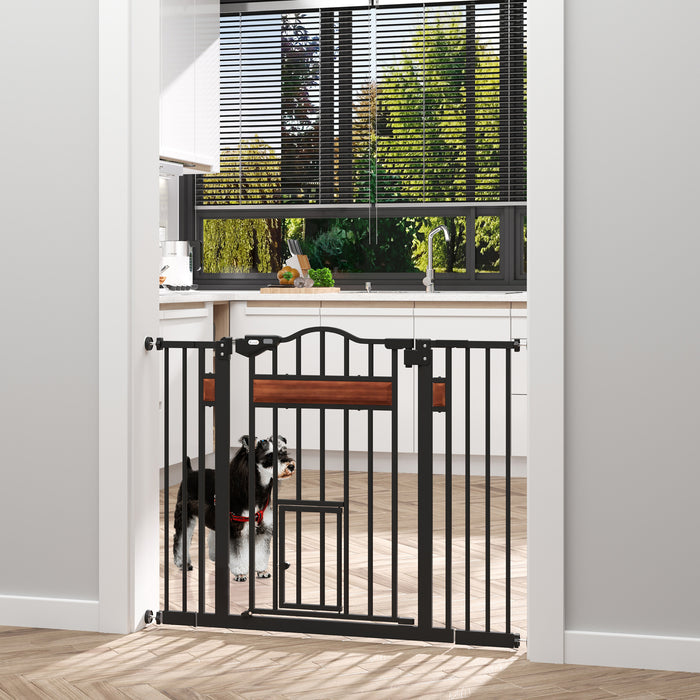 Auto Close Dog Gate with Cat Flap - Pine Wood Pet Safety Barrier with Double Locking System - Ideal for Doorways, Stairs & Indoor Areas, Adjustable Width 74-105cm, Elegant Black Finish