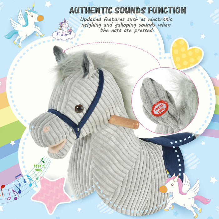 Plush Rocking Horse with Sound Effects - Ribbed Grey Fabric, Kids Ride-On Toy - Perfect for Playtime and Nursery Decor
