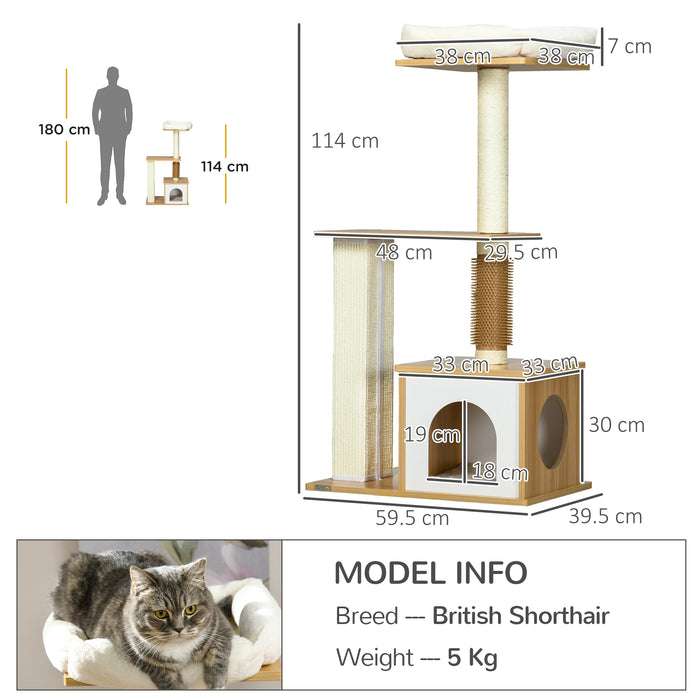 Cat Scratching Tree with Cozy House and Bed - Multi-Level Cat Perch with Posts, 59.5 x 39.5 x 114 cm in Oak Finish - Ideal for Play, Scratch, and Rest for Felines