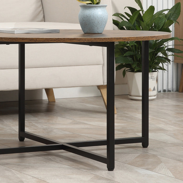 Nesting Round Coffee & Side Table Set of 2 - Rustic Brown with Industrial Metal Frame - Modern Living Room & Bedroom Furniture