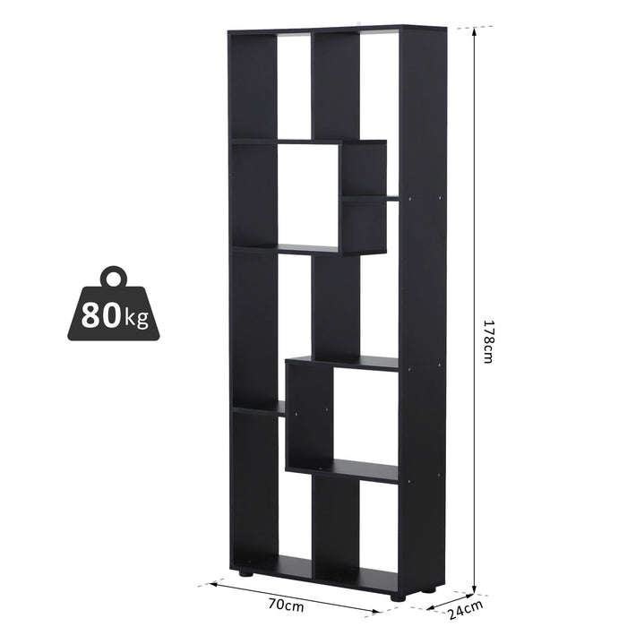 Freestanding 8-Tier Bookcase with Melamine Surface - Modern Black Home Display Storage Unit with Anti-Tipping Foot Pads - Ideal for Organized Book Lovers and Display Enthusiasts