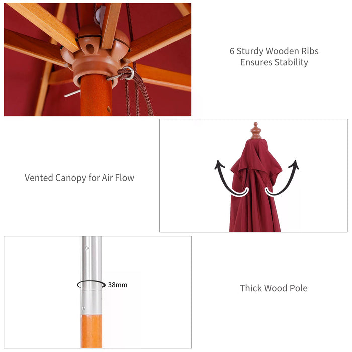 Outdoor Patio Parasol - 1.5m Wind-Resistant Sunshade with Fir Wooden Pole & Tilt Mechanism, Wine Red - Ideal for Garden, Backyard Lounging & UV Protection